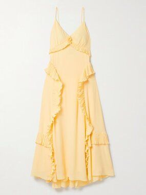 SEA Delilah Ruffled Plissé-Trimmed Crepe de Chine Midi Dress